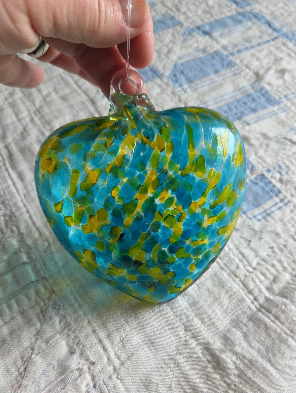 Handblown Glass Heart Ornament - Blue and Yellow
